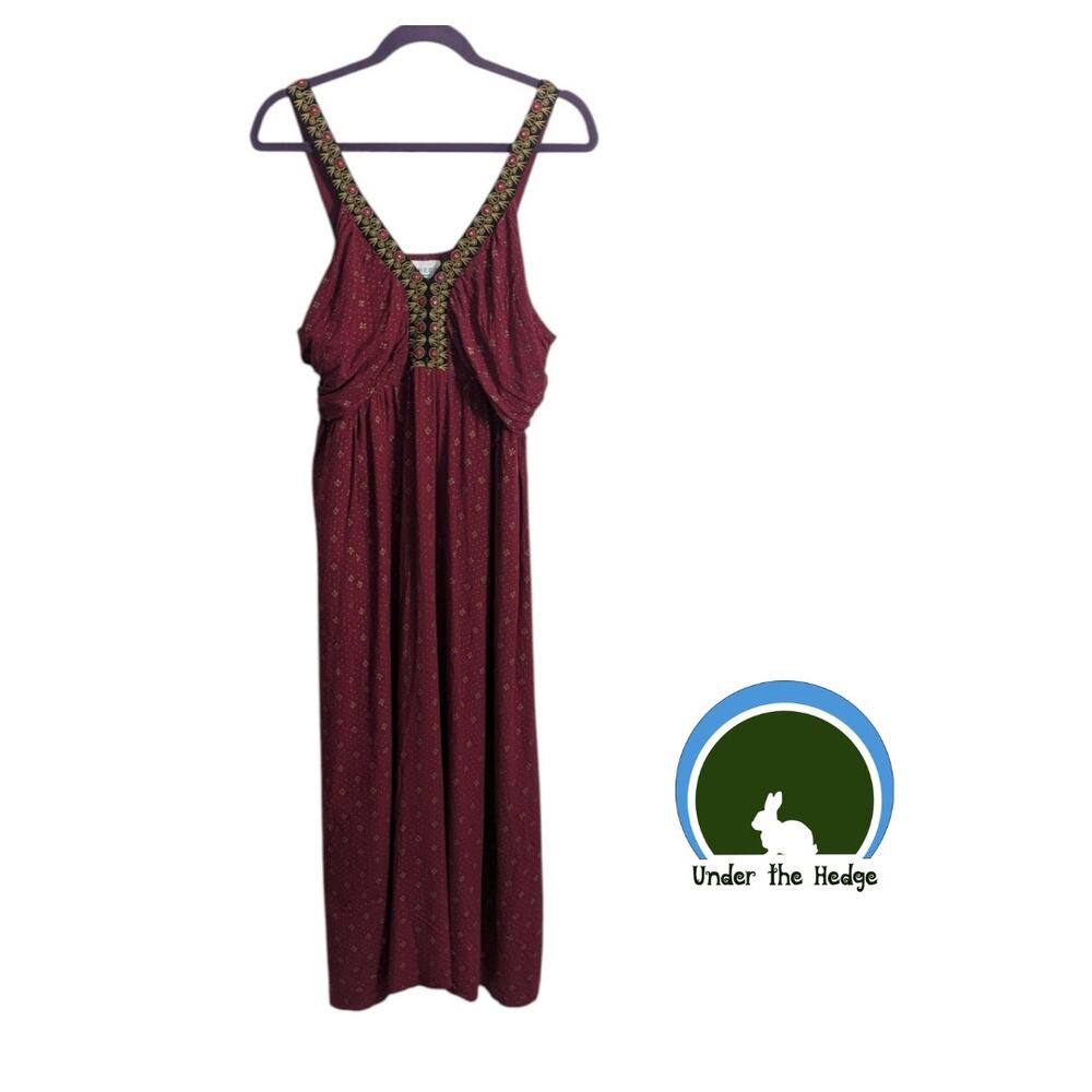 Bohera Maroon Embroidered Print Empire Waist Maxi Dress Size XL Boho Cottage
